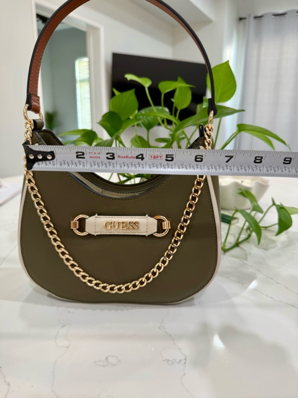 GUESS Olive Green Shoulder Bag with Gold Chain and Cream Logo Tab - Picture 8 of 9